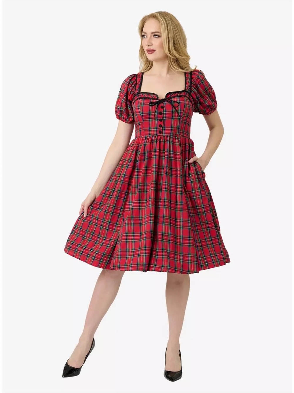 Unique Vintage Button Front Puff Sleeve Red Plaid Swing Dress